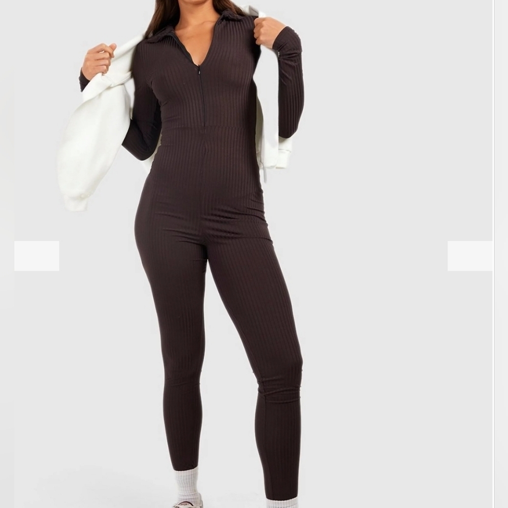 Boohoo Chocolate Brown Ribbed Zip-Front Jumpsuit